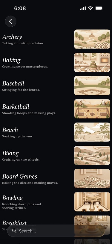Whirl's activity list: archery, baking, baseball, basketball, beach, biking, board games, bowling.