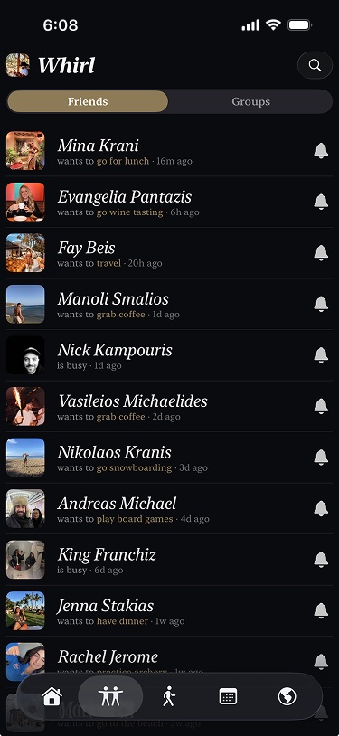 A list of friends in Whirl, each showing what they want to do: go for lunch, go wine tasting, grab coffee.