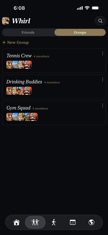 Whirl's groups tab with Tennis Crew, Drinking Buddies and Gym Squad, each showing member avatars.