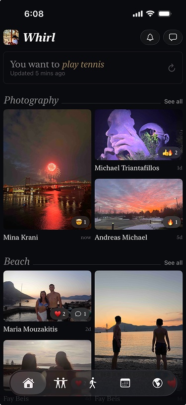 The Whirl home feed: friends' photos grouped under activities like Photography and Beach.