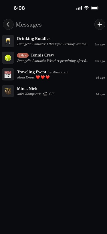 Whirl's messages list with group chats for Drinking Buddies, Tennis Crew and a travelling event.