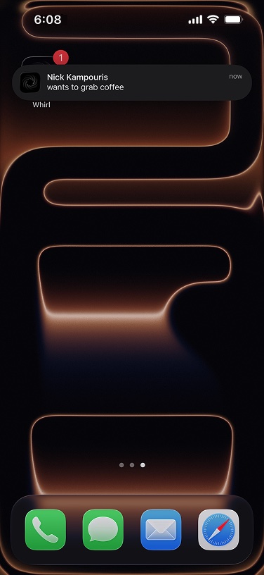 An iPhone lock screen showing a Whirl notification: Nick Kampouris wants to grab coffee.