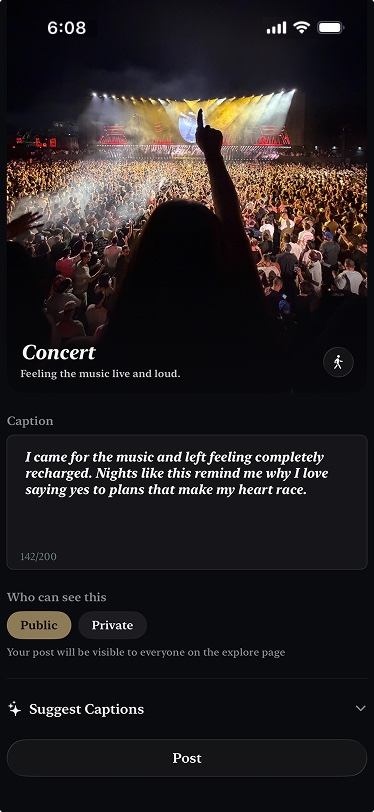 Creating a post in Whirl: a concert photo, a written caption, and a public or private visibility choice.